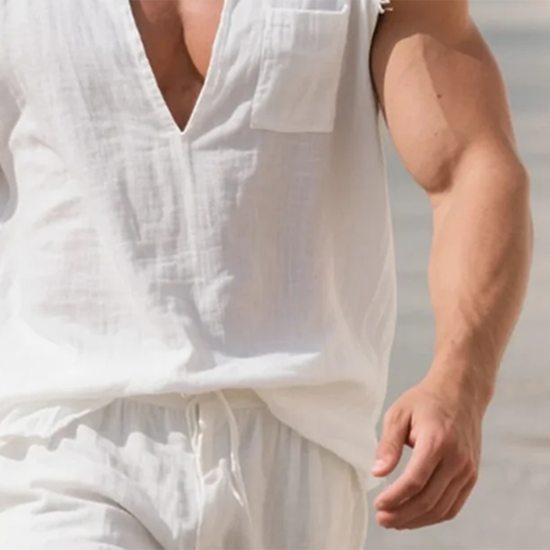 Men's Cotton And Linen V-neck Sleeveless Tank Top DTT25071518