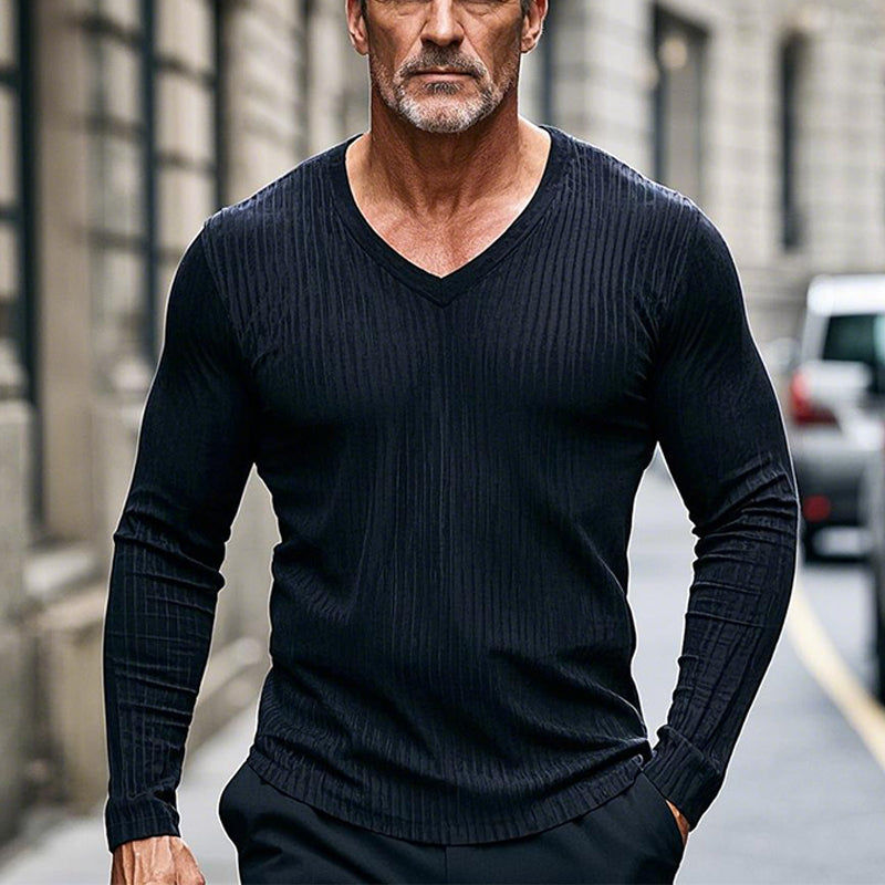 Men's Casual Striped V-Neck Long Sleeve T-Shirt 9906102403256