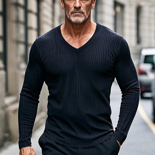 Men's Casual Striped V-Neck Long Sleeve T-Shirt 9906102403256
