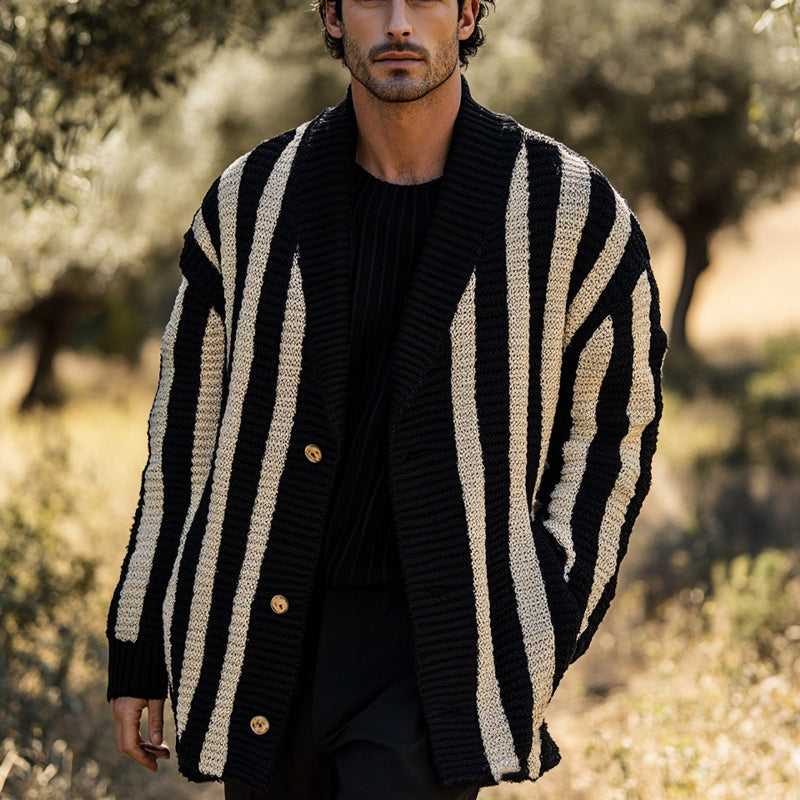 Men's Retro Vertical Striped Lapel Three-Button Knit Cardigan 9906106630328