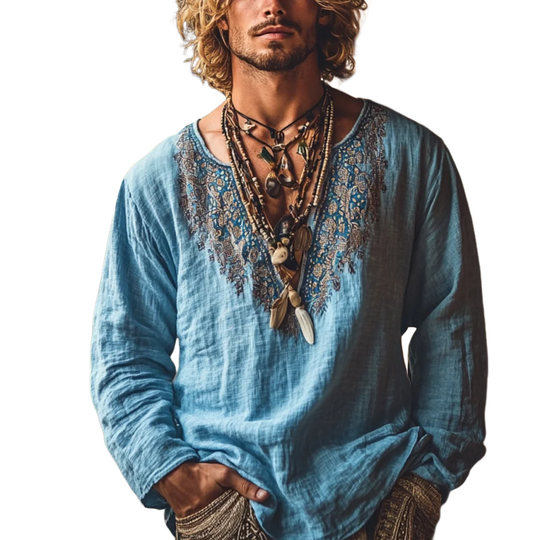 Men's Bohemian Print V Neck Long Sleeve Loose Fit Shirt 9901319553208