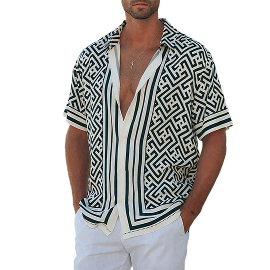 Men's Summer Casual Tencel Cotton Printed Lapel Short Sleeve Shirt DTT25070304