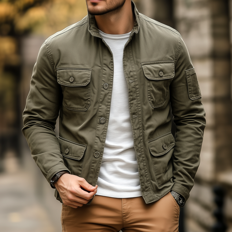 Men's Casual Outdoor Solid Color Breathable Cotton Washed Stand Collar Multi-pocket Workwear Jacket DTT25073118