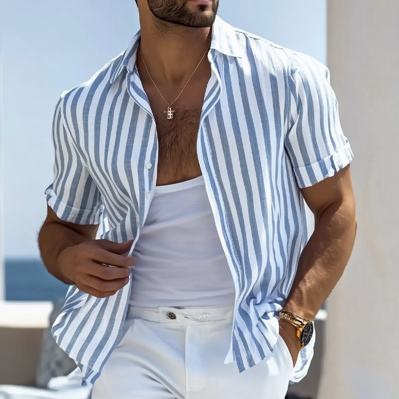 Men's Cotton And Linen Striped Short-sleeved Shirt DTT25072506