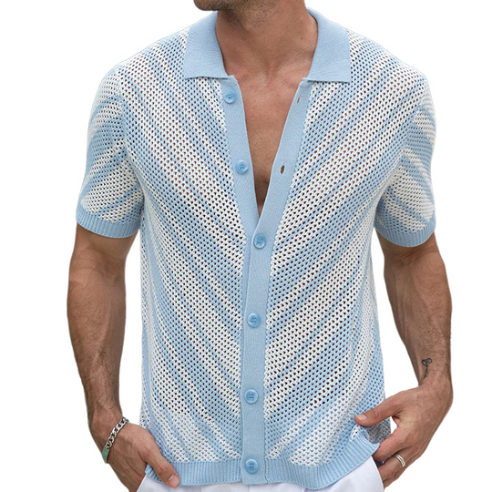Men's Spring And Summer Fashion Retro Hollow Striped Knitted Short-sleeved Shirt DTT25070802