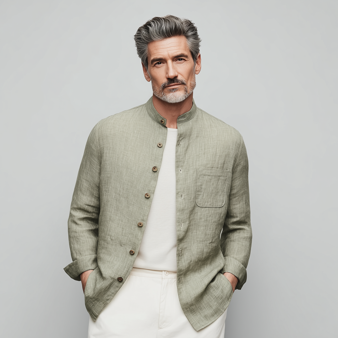 Men's Classic Casual Stand-up Collar Cotton And Linen Wooden Button Long-sleeved Shirt DTT25073016