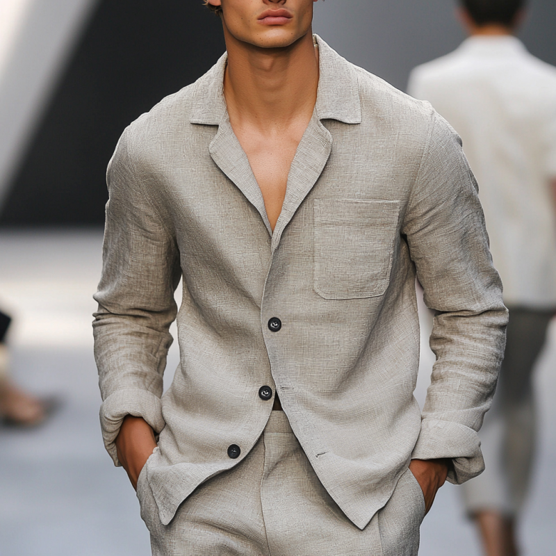 Men's Casual Breathable Linen Notched Lapel Patch Pocket Loose Long Sleeve Shirt DDT25052922