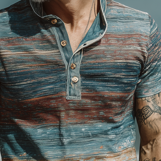Men's Stripe Print Lapel Short Sleeve T-Shirt DTT25063010