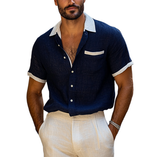 Men's Colorblock Lapel Single Breasted Chest Pocket Short Sleeve Shirt DTT25061319