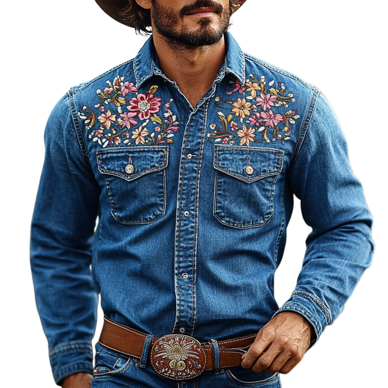 Men's Western Cowboy Style Embroidered Lapel Chest Pocket Long Sleeve Denim Shirt 9903593717944