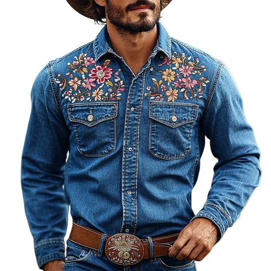 Men's Western Cowboy Style Embroidered Lapel Chest Pocket Long Sleeve Denim Shirt 9903593717944