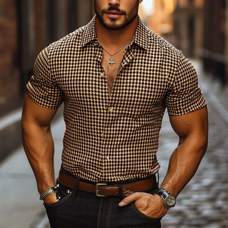 Men's Plaid Print Lapel Short Sleeve Shirt 9956142153912