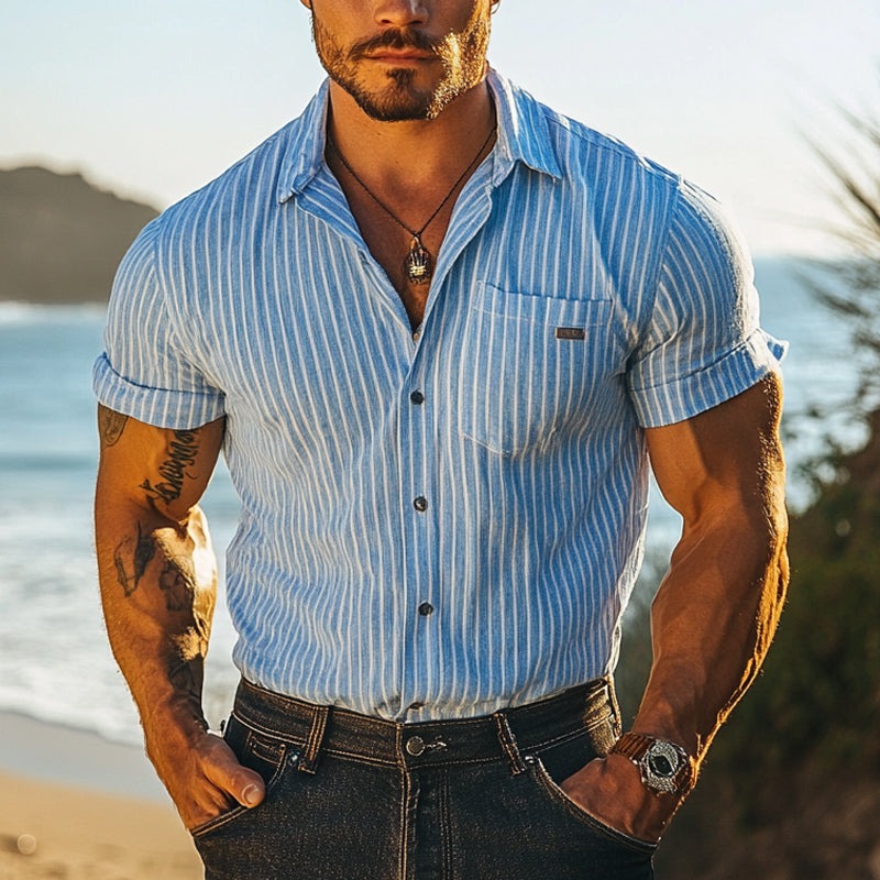 Men's Striped Casual Lapel Short Sleeve Shirt 9956142186680