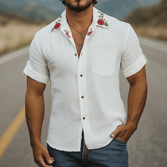 Men's Cuban Collar Rose Embroidered Casual Cotton and Linen Short-Sleeved Shirt 9956144611512