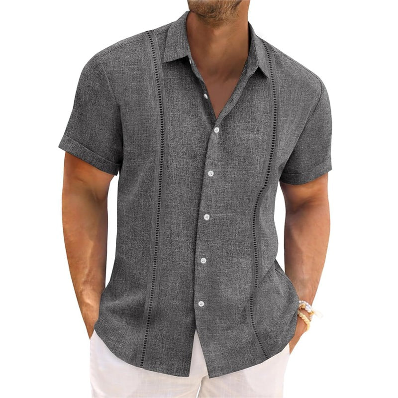 Men's Solid Color Lapel Short Sleeve Cotton and Linen Shirt 9956142612664