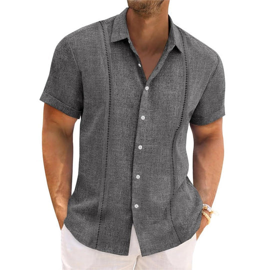 Men's Solid Color Lapel Short Sleeve Cotton and Linen Shirt 9956142612664