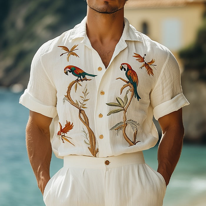 Men's Animal Embroidery Hawaiian Style Lapel Short Sleeve Shirt 9956144644280