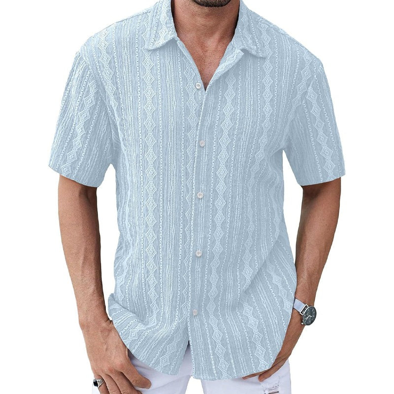 Men's Lace Short Sleeve Lapel Solid Color Shirt 9956142579896