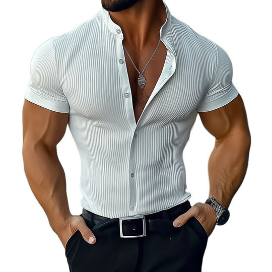 Men's Striped Stand Collar Short Sleeve Solid Color Shirt 9956142121144