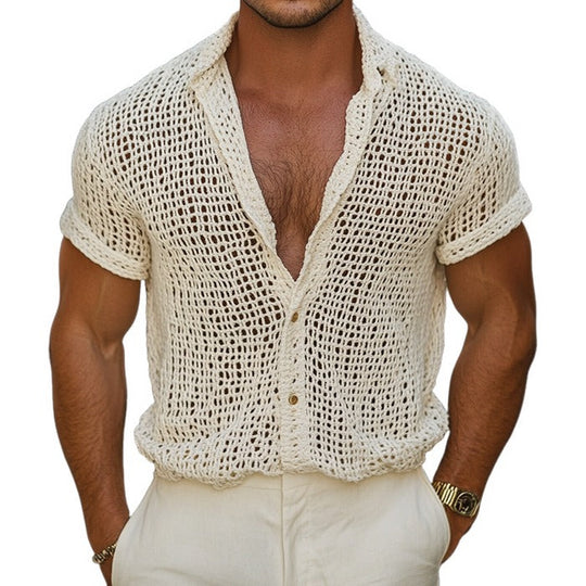 Men's Knit Lapel Short Sleeve Solid Color Casual Shirt 9956144677048