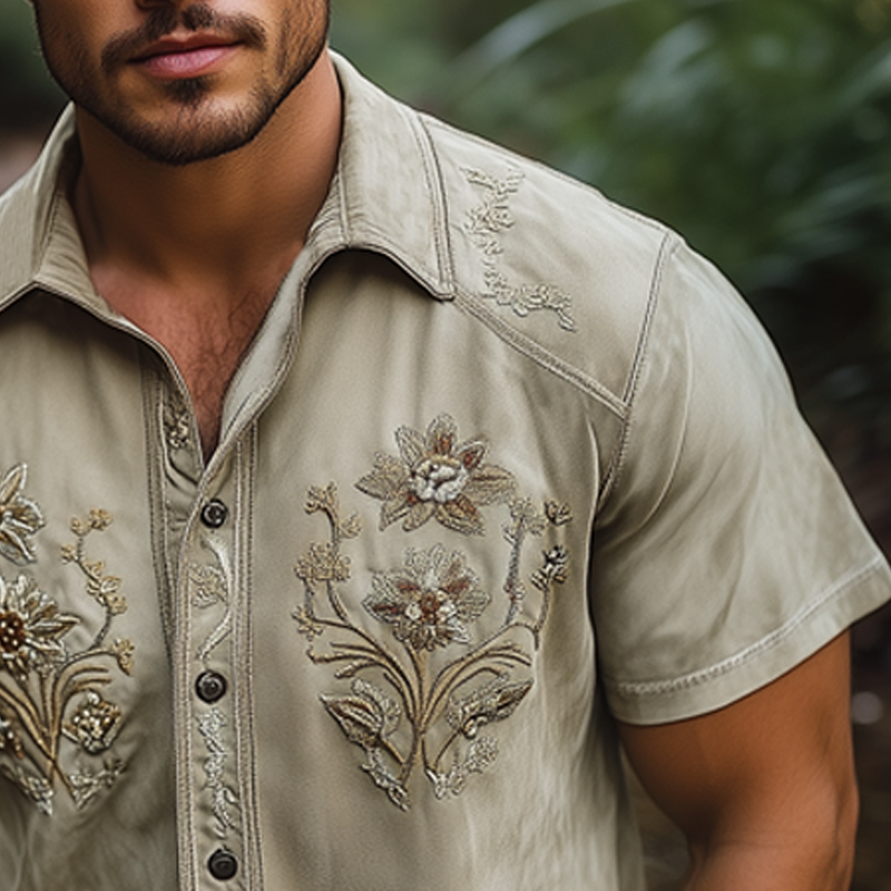 Men's Summer Floral Embroidered Suede Short Sleeve Shirt DTT25061016