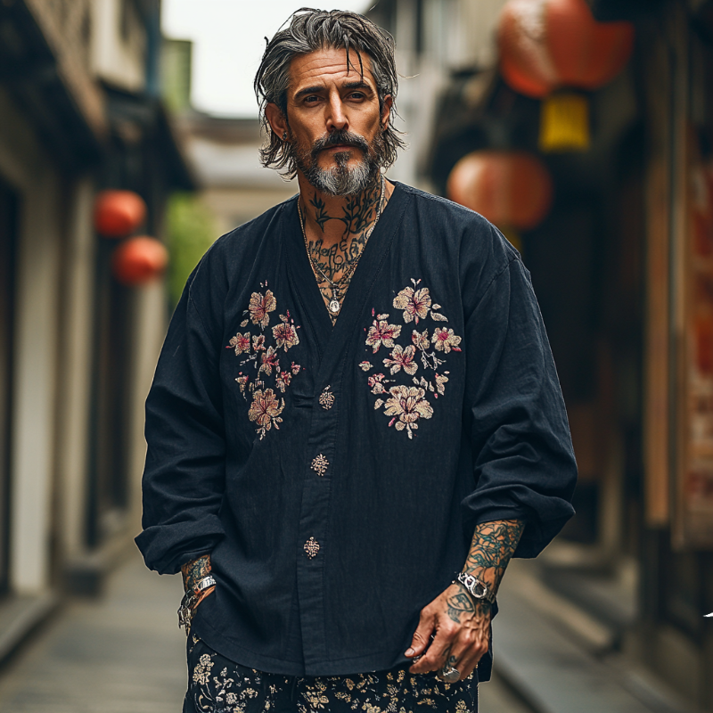 Men's Casual Vintage V-neck Cotton Blend Embroidered Long-sleeved T-shirt 9912945934520