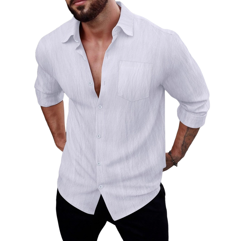 Men's Cotton Blended Solid Color Casual Long Sleeve Shirt DTT25072411