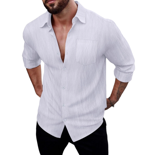 Men's Cotton Blended Solid Color Casual Long Sleeve Shirt DTT25072411