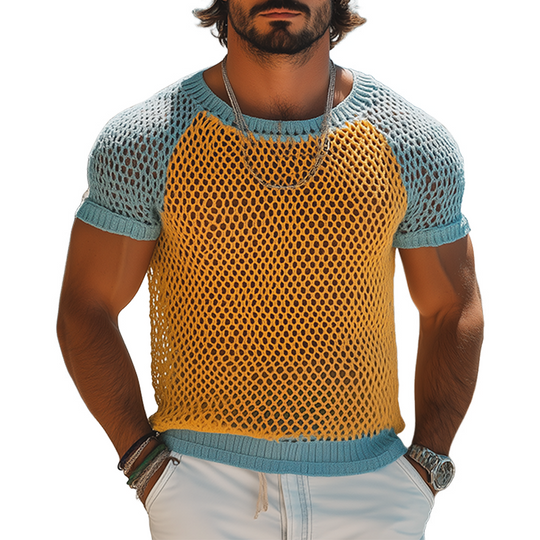 Men's Fashion Casual Hollow Contrast Color Stitching Knitted Round Neck Short-sleeved T-shirt DTT25062606