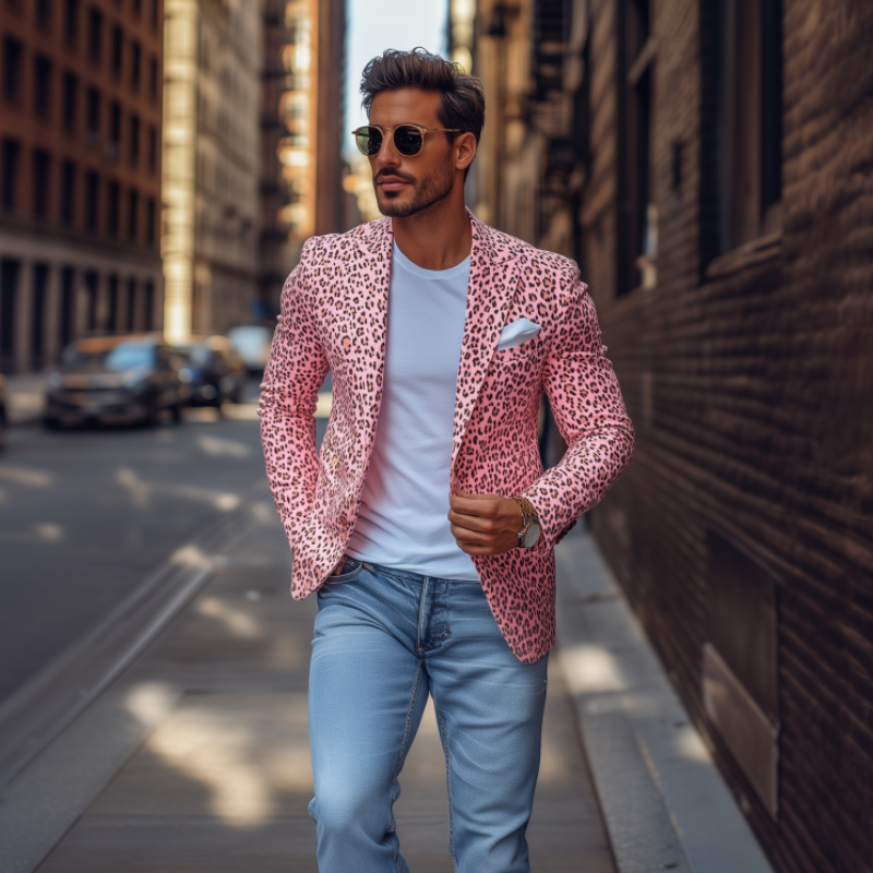 Men's Fashion Spring and Summer Leopard print Single Breasted Two Button Blazer 9911545594040