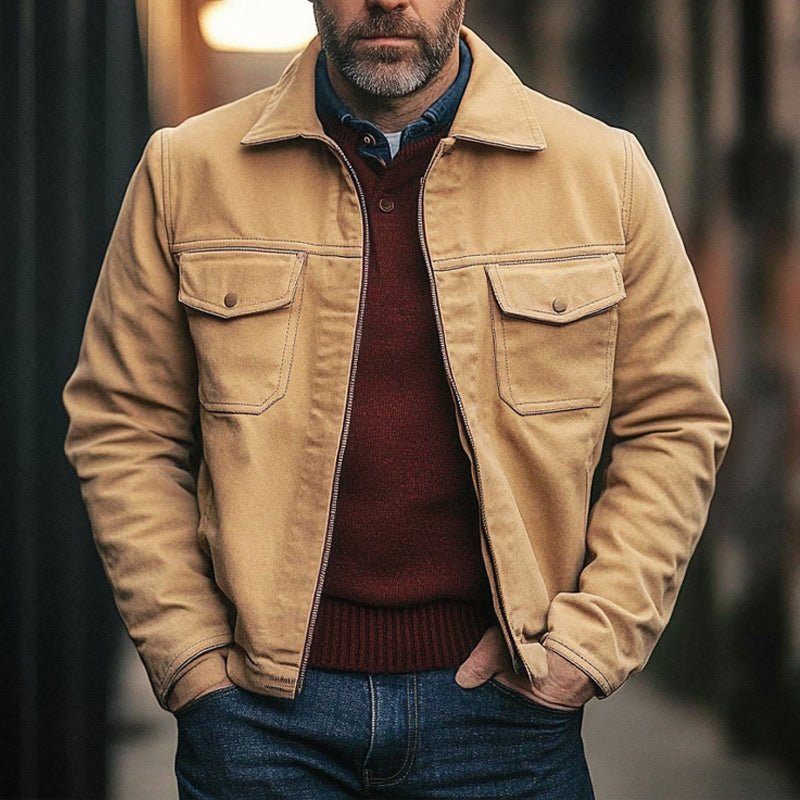 Men's Canvas Lapel Zip-Up Jacket 9909011153080