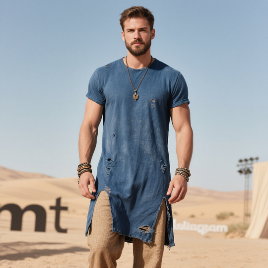 Men's Retro Casual Cotton Ripped Mid-Length Round Neck Short Sleeve T-Shirt DTT25062018