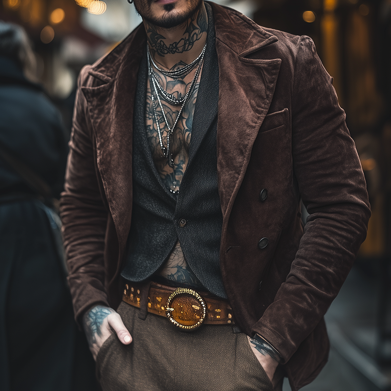 Men's Vintage Casual Street  Velvet Double Breasted Lapel Jacket DTT25082501