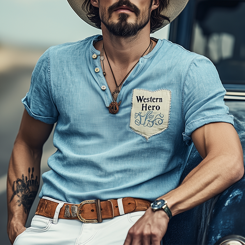 Men's Spring And Summer Fashion Casual Western Cowboy Style Tencel Denim Patchwork Embroidery Henry Collar Short Sleeve T-shirt DTT25060601