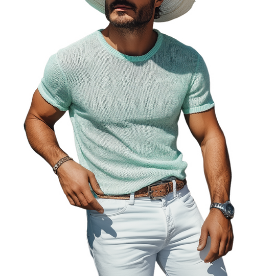 Men's Spring And Summer Fashion Casual Western Style Mint Green Slim Fit Knitted Short-sleeved T-shirt DTT25060624
