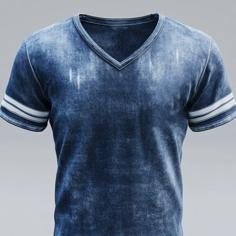 Men's V Neck Short Sleeve Striped Denim T-Shirt 9951402164408