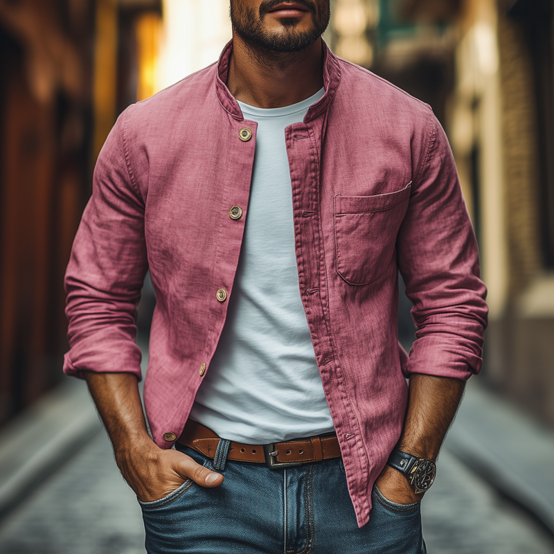 Men's Casual Breathable Cotton Stand Collar Single Breasted Patch Pocket Loose Long Sleeve Shirt DTT25070412
