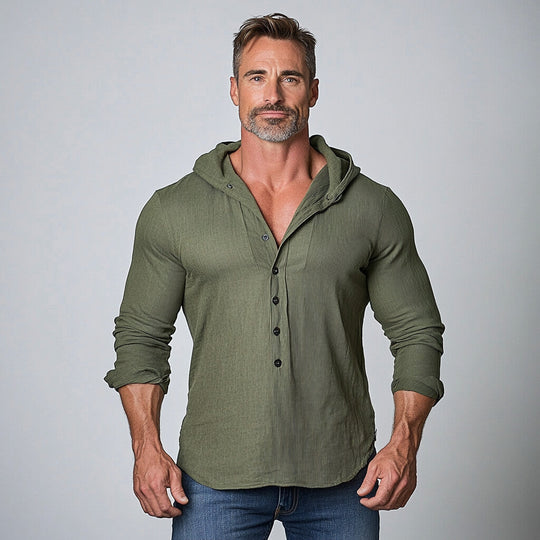Men's Casual Solid Half Button Long Sleeve Hooded Shirt 9903587360952