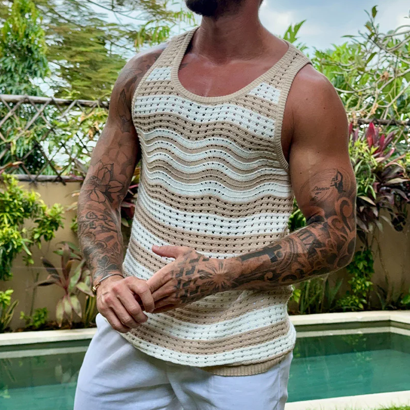 Men's Spring And Summer Fashion Casual Hollow Knitted Slim Tank Top DTT25071109