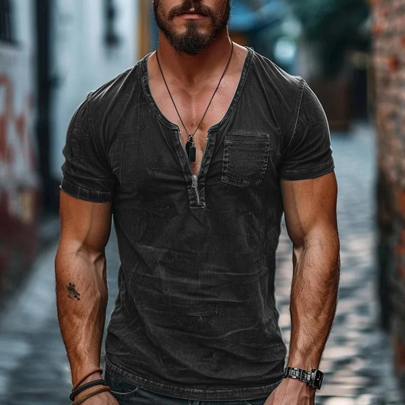 Men's Casual Cotton Washed Zippered Neck Patch Pocket Short Sleeve T-Shirt 9261138444472