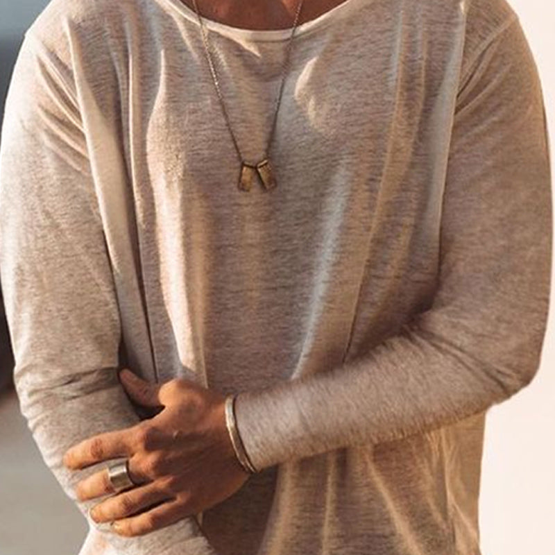 Men's Casual Loose Round Neck Cotton Solid Color Long Sleeve T-shirt 9901327679672