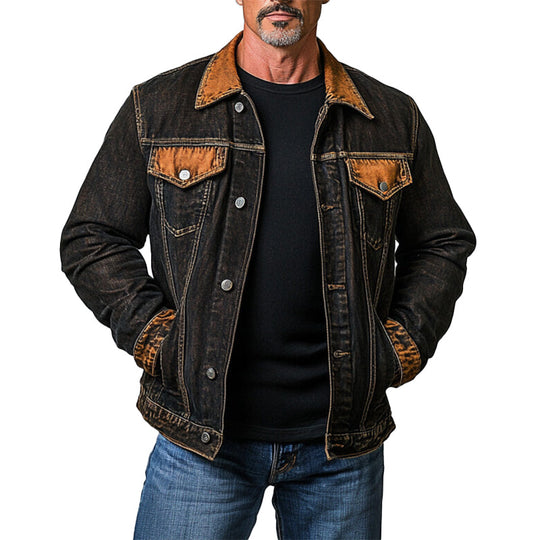 Men's Turndown Collar Metal Button Pocket Distressed Denim Jacket 9903587557560
