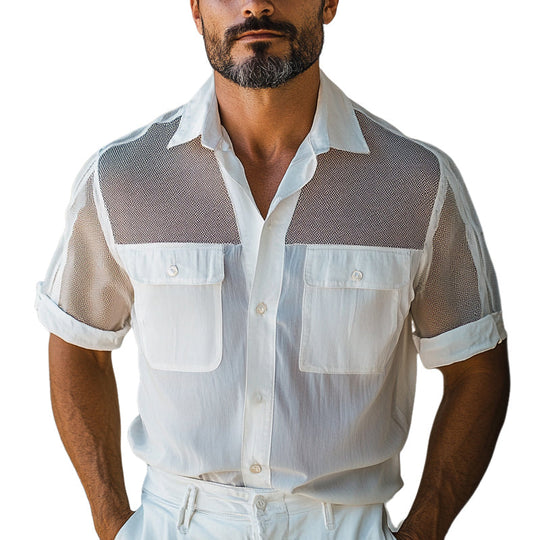 Men's Solid Color Stitching Multi-Pocket Short-Sleeved Shirt DTT25053023