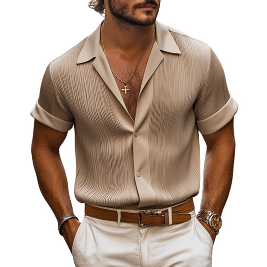 Men's Solid Satin Pleated Lapel Short Sleeve Shirt DTT25070408