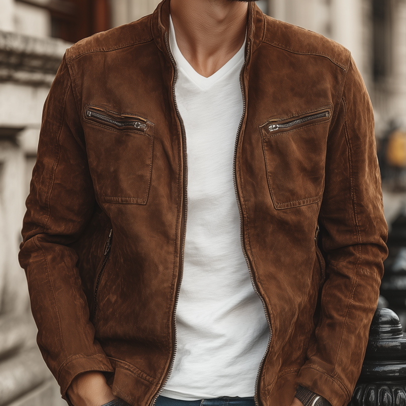 Men's Vintage Faux Suede Stand Collar Zipper Placket Slim Fit Multi-Pocket Cargo Jacket DTT25082507