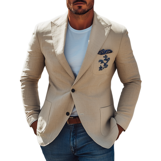 Men's Classic Casual Cotton And Linen Chest Patch Pocket Embroidery Single-breasted Slim-fit Blazer DTT25072401