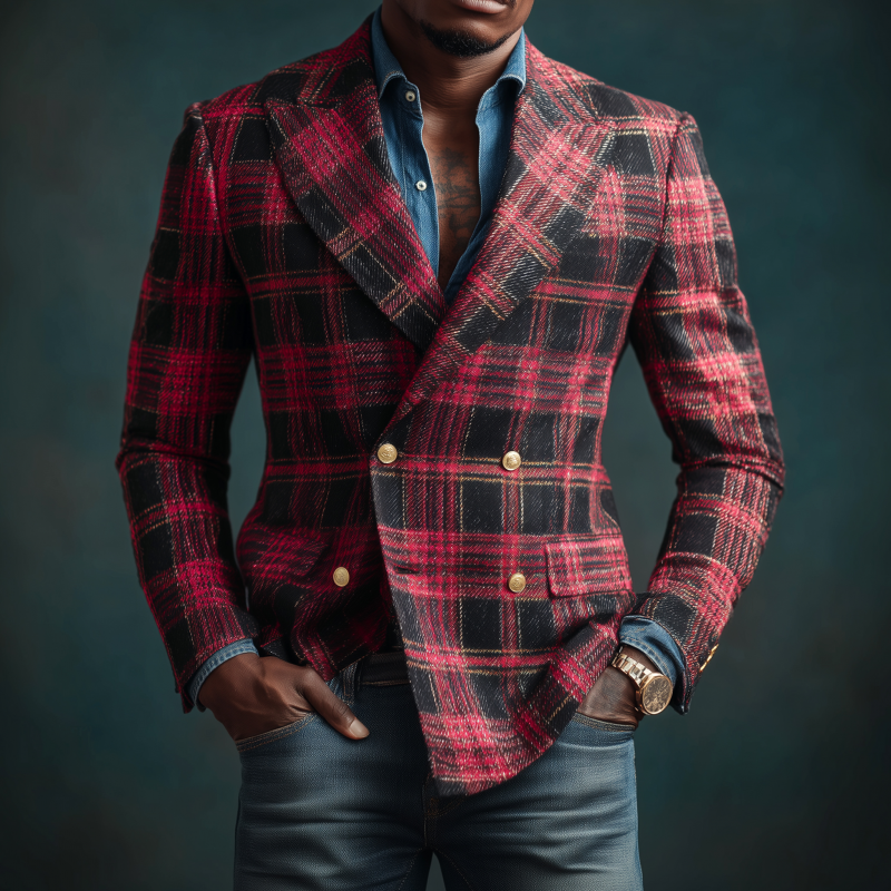 Men's Vintage Contrast Plaid Jacquard Peaked Lapel Double-Breasted Slim-Fit Blazer DTT25080409