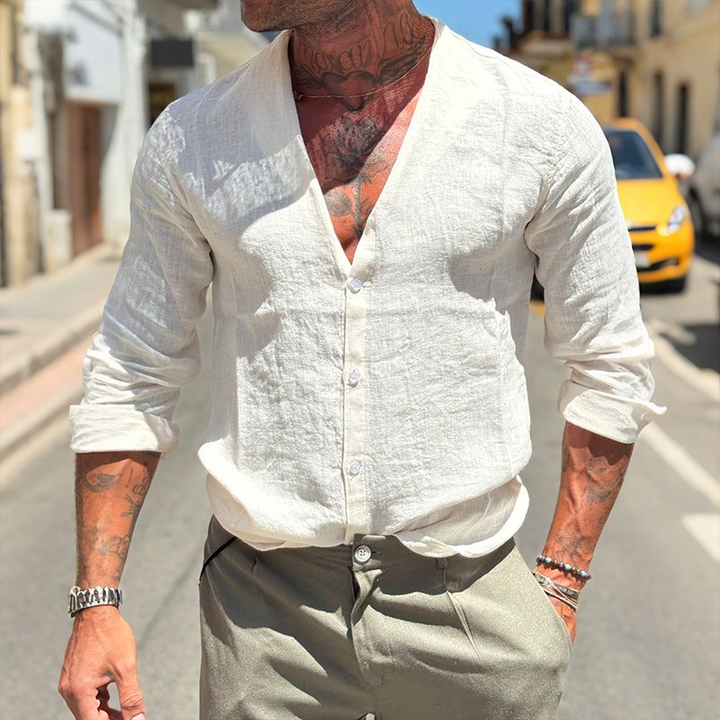 Men's Retro Casual Solid Color Linen Collarless Long Sleeve Shirt DTT25072818