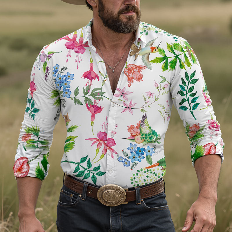 Men's Hawaiian Floral Print Long Sleeve Lapel Shirt Dtt795803320