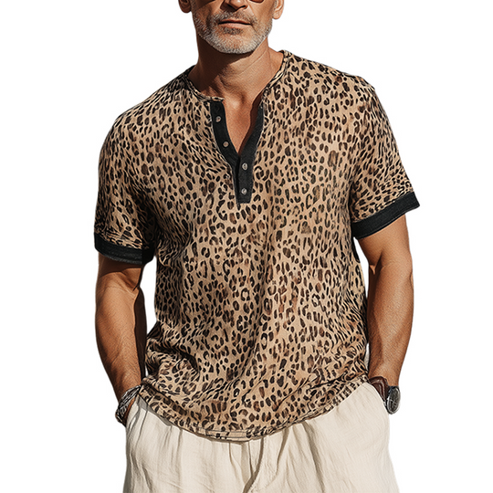 Men's Fashion Casual Cotton Blended Printed Leopard Stitching Henley Neck Short Sleeve T-Shirt DTT25071706